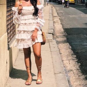 White lace and chiffon long sleeve dress.